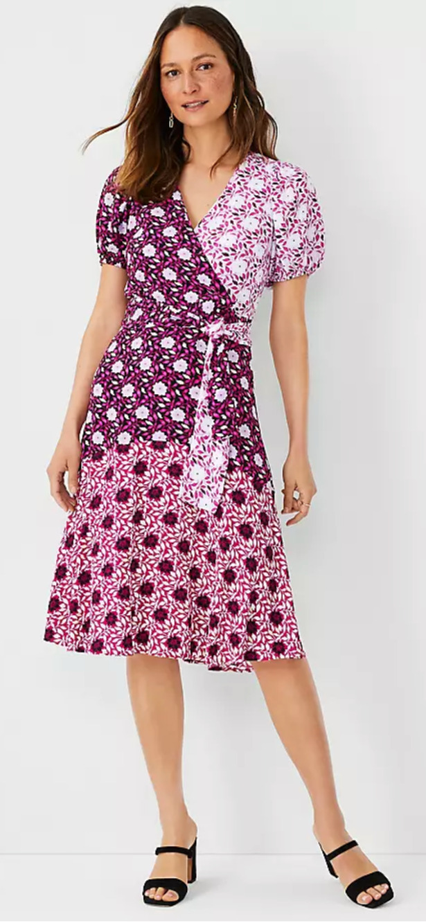 Ann Taylor Women V Neck Mixed Floral Faux Wrap Dress Short Sleeve Purple Size 6P